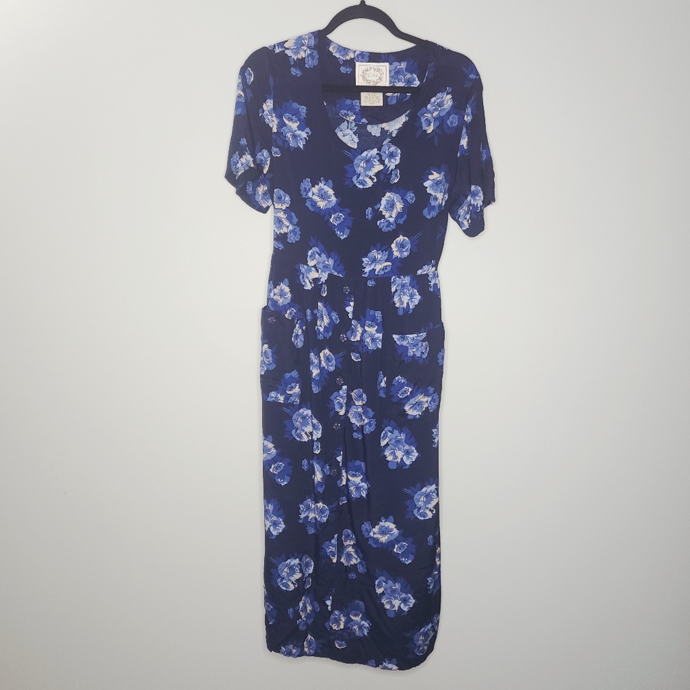 Vintage Erika 90s‎ Blue Floral Midi Dress Tieback Cottagecore Rayon M